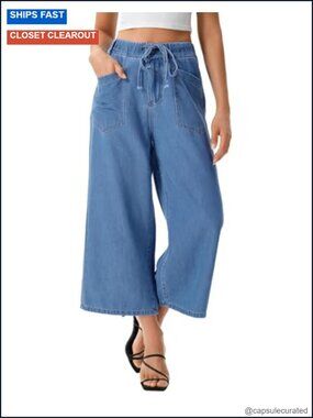 Women's Stretchy Capri Jeans, Elastic Waist, Drawstring, Wide Leg Pal